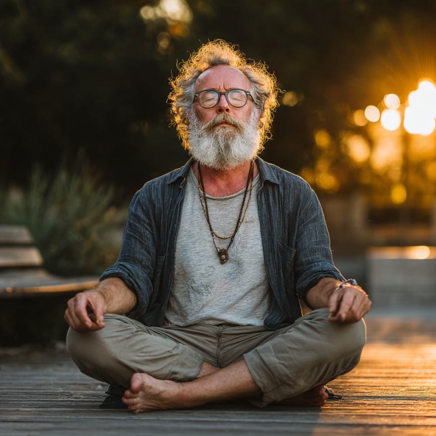 Senior demonstrând o postură de yoga cu zâmbetul pe față